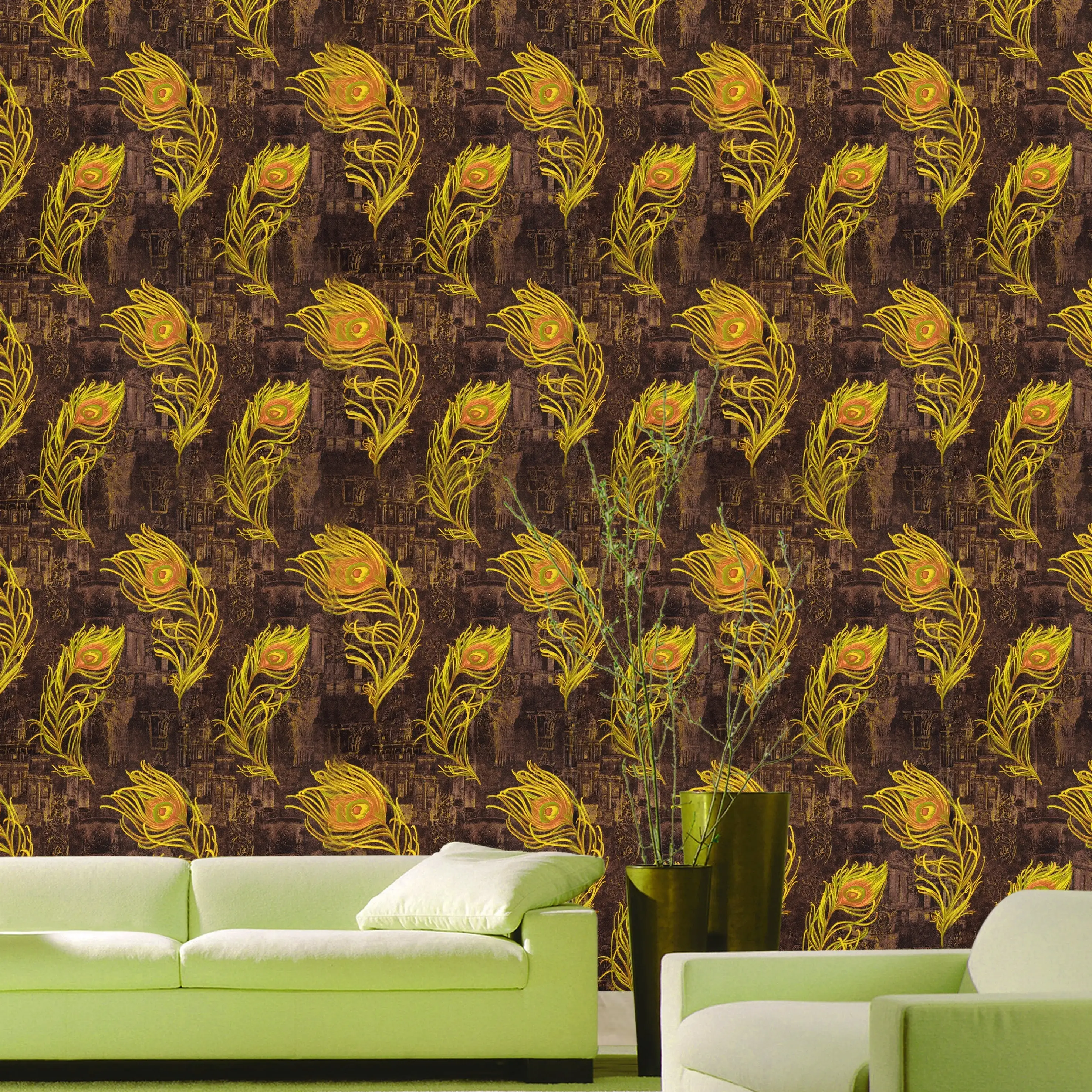 Brown Base with Golden Color Peacock Feather Design Wallpaper - secondary