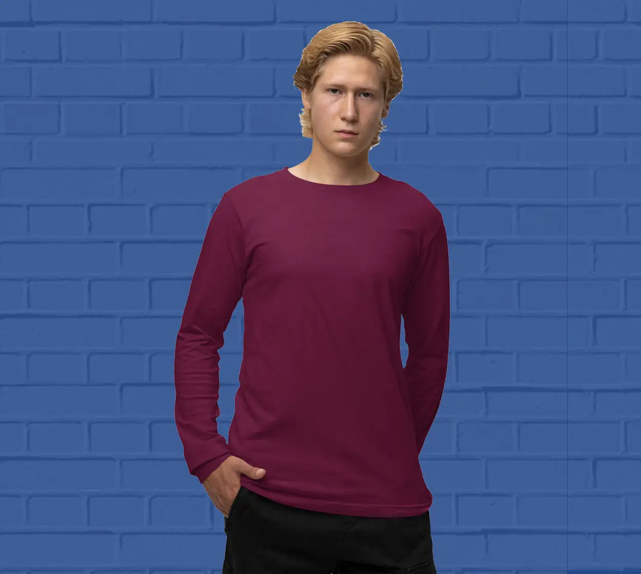 Men's round neck Maroon full sleeves t-shirt