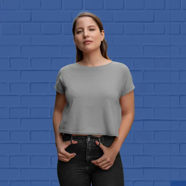 Plain  Grey Melange Pink Crop Top