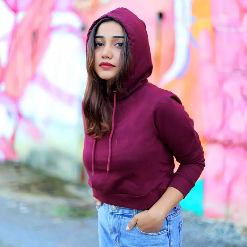Plain  Maroon  Crop Hoodie - secondary