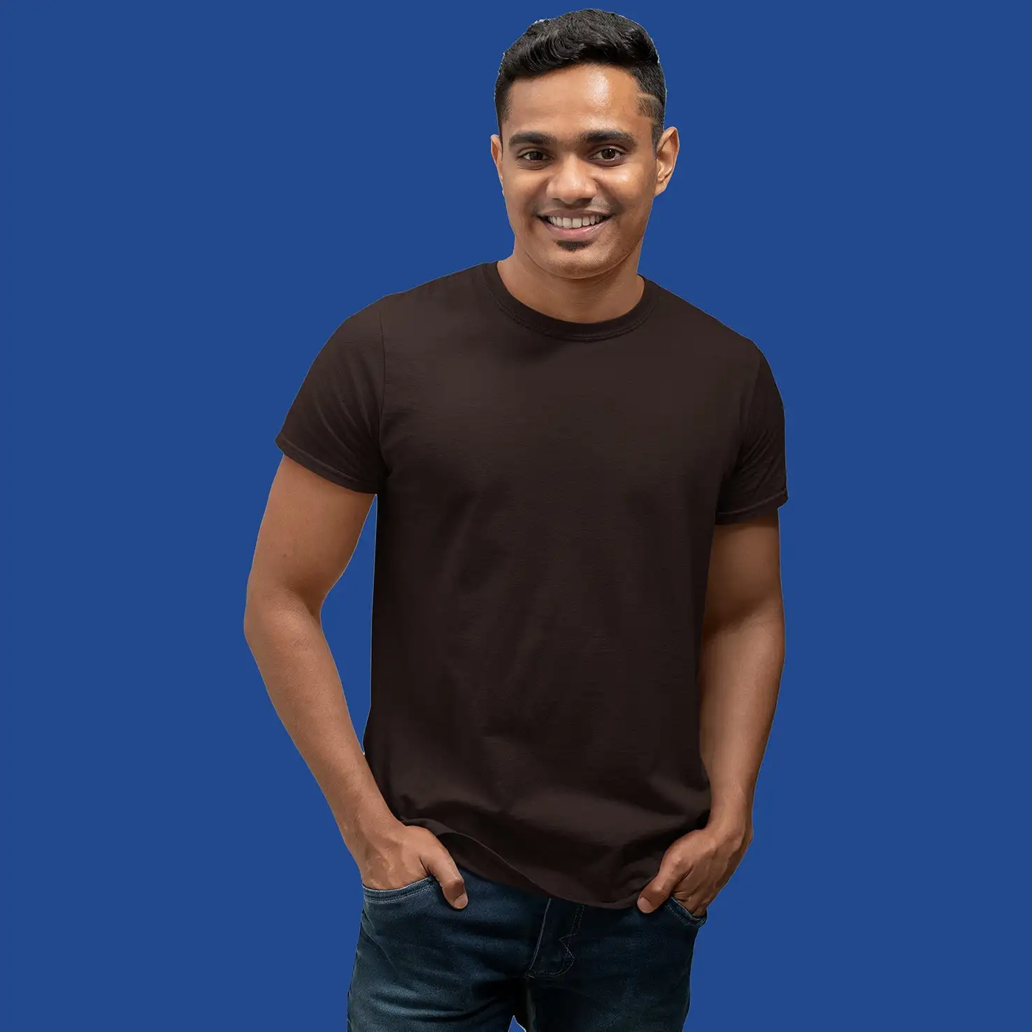 Men's Round Neck Plain T-Shirt-Coffee Brown