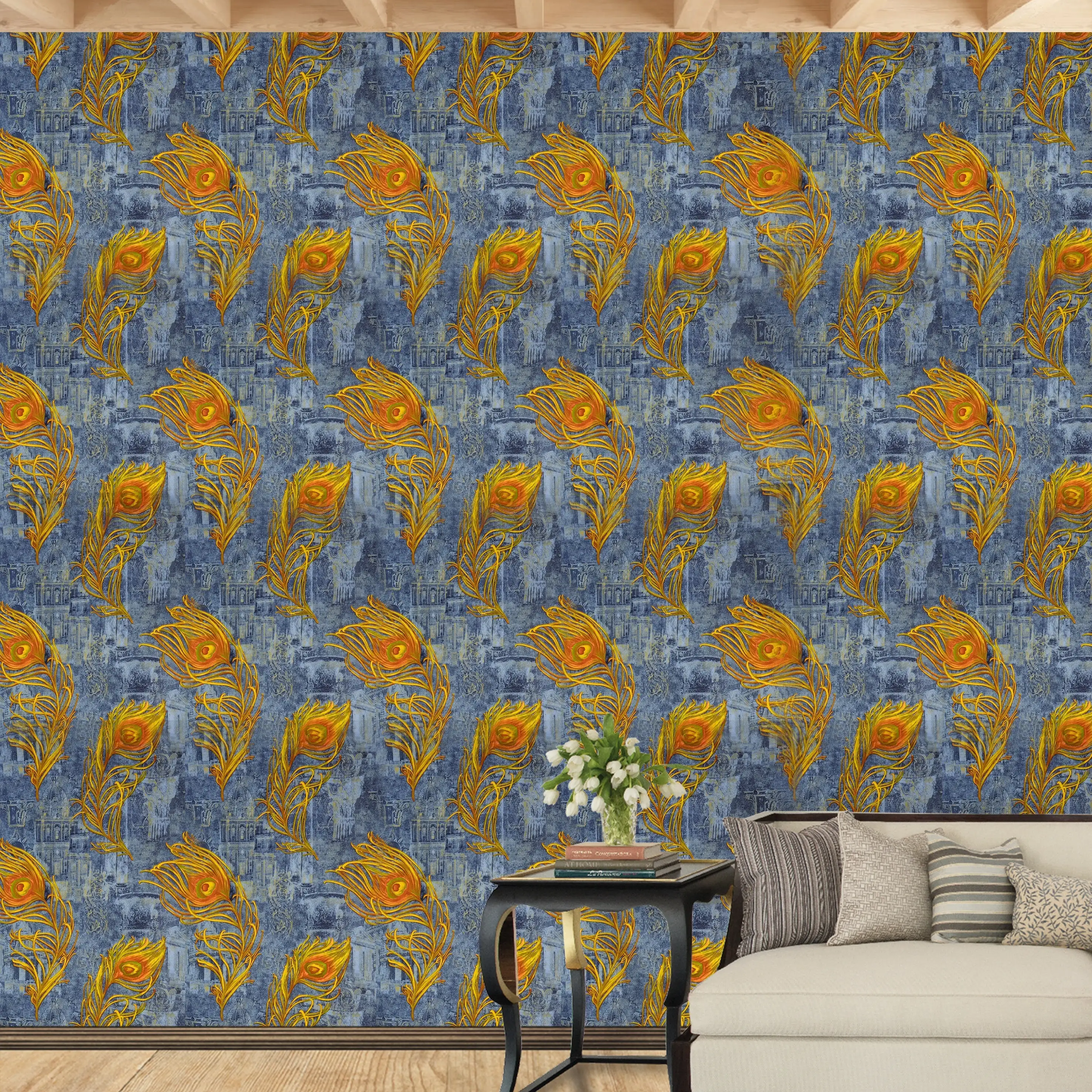 Grey Base with Golden Color Peacock Feather Design Wallpaper - secondary