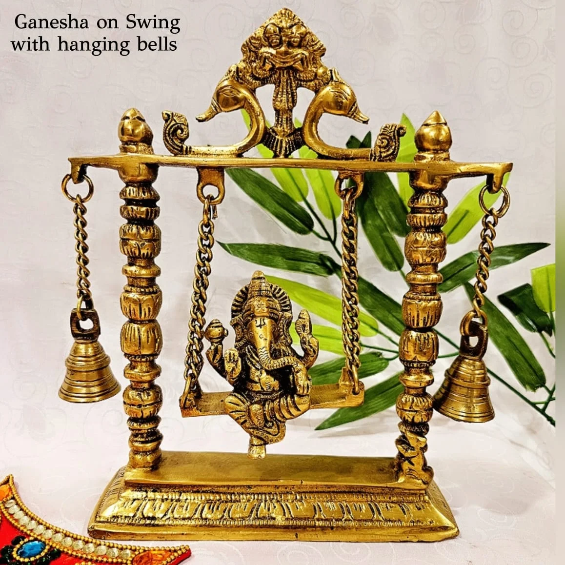 Ganesha on Swing with pair of hanging bells Brass Antique Finish - secondary