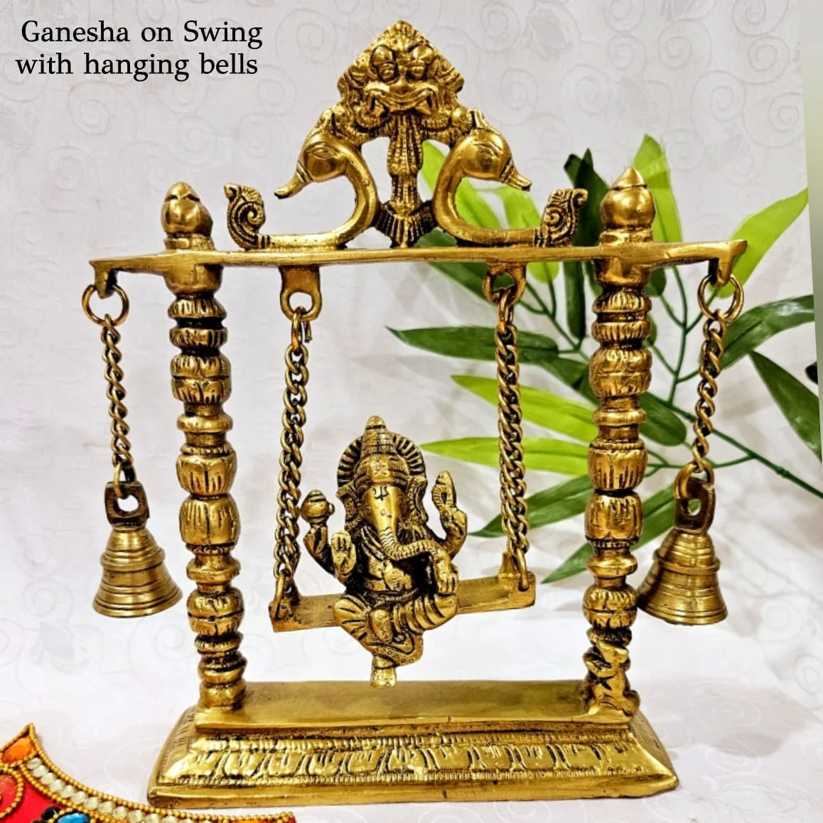 Ganesha on Swing with pair of hanging bells Brass Antique Finish