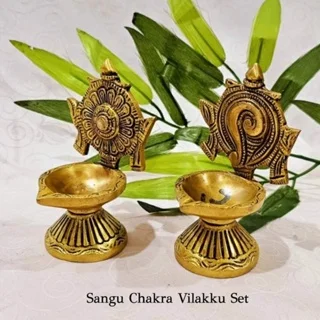 Sangu Chakra Brass Vilakku / Diya Brass Oil Lamp /Diya with BaseThingal Essentials LLP