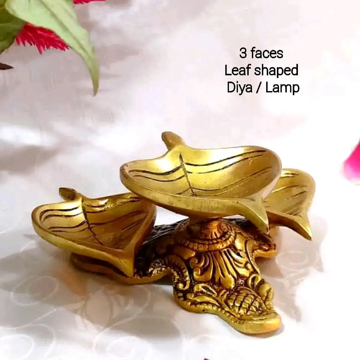 3 Faces Leaf Shaped Vilakku / Lamp Brass Antique Finish