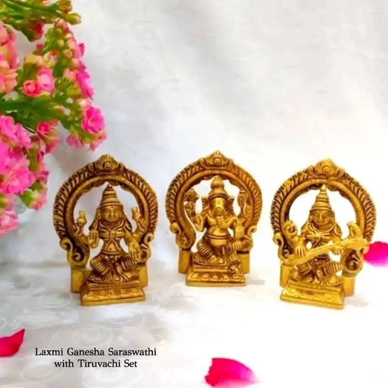 Laxmi Ganesha Saraswati with Thiruvaachi - Set 3 in 1 Brass Antique FinishThingal Essentials LLP