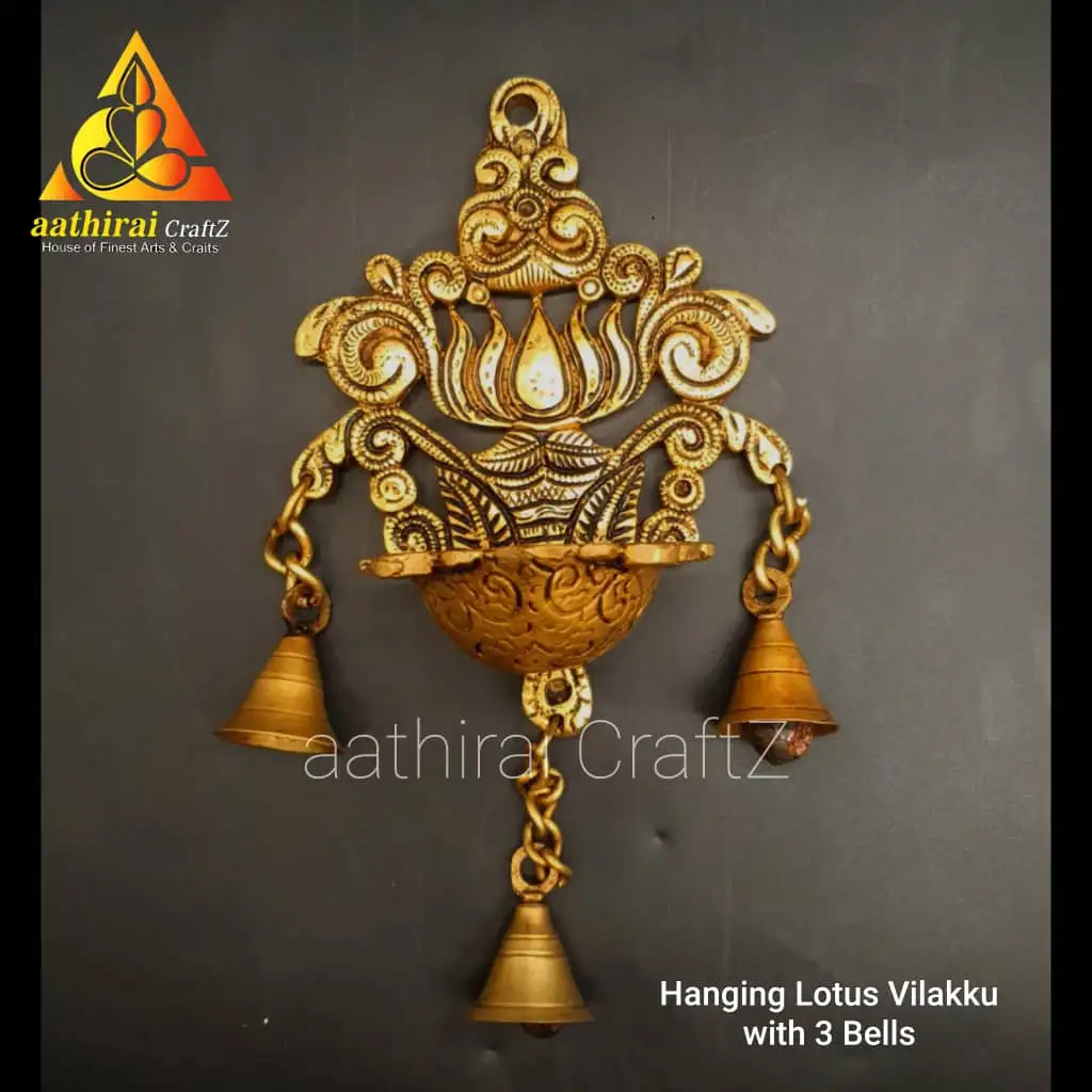 Hanging Lotus Vilakku With 3 Bells