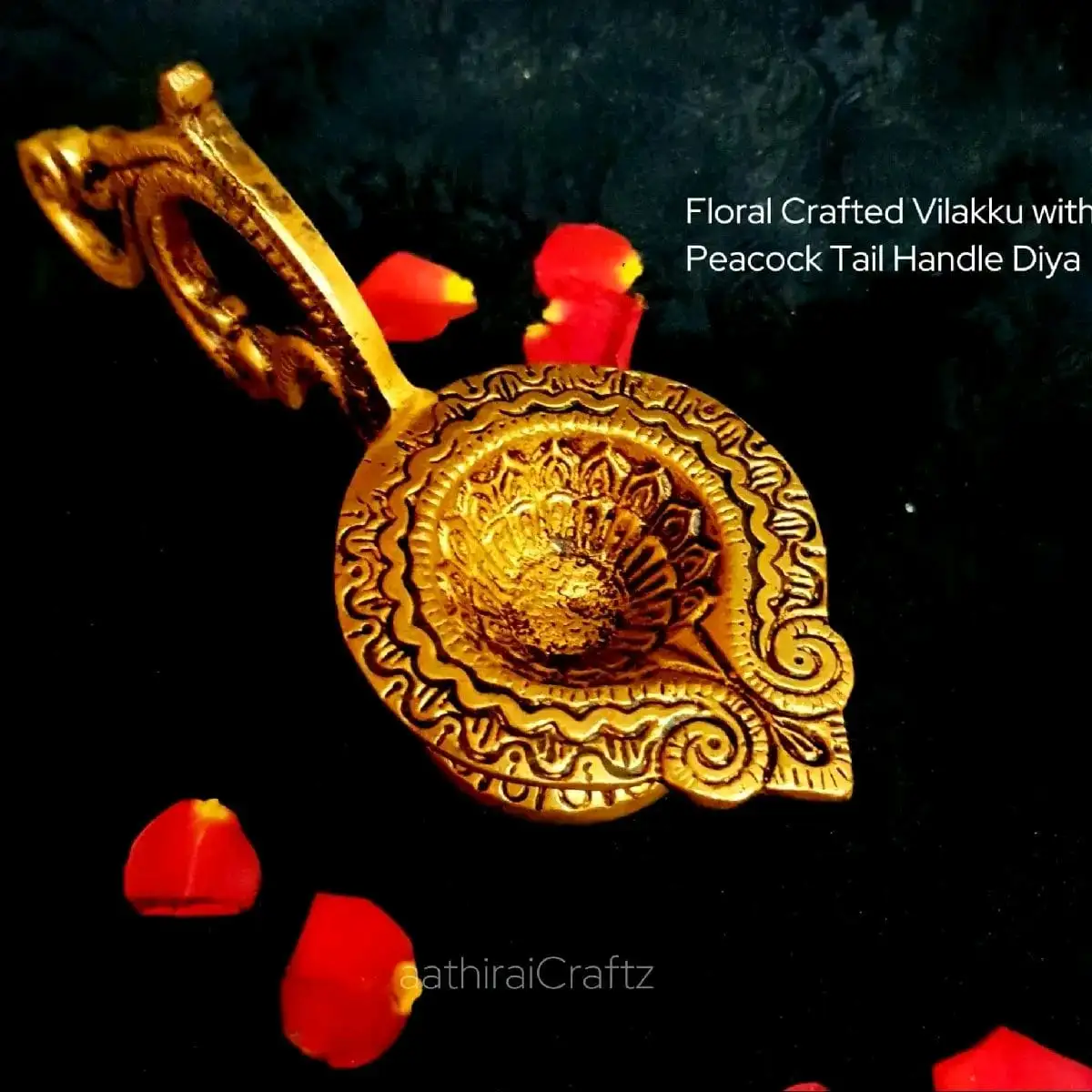 Floral Crafted Vilakku with Peacock Tail Handle Brass Antique Finish - secondary