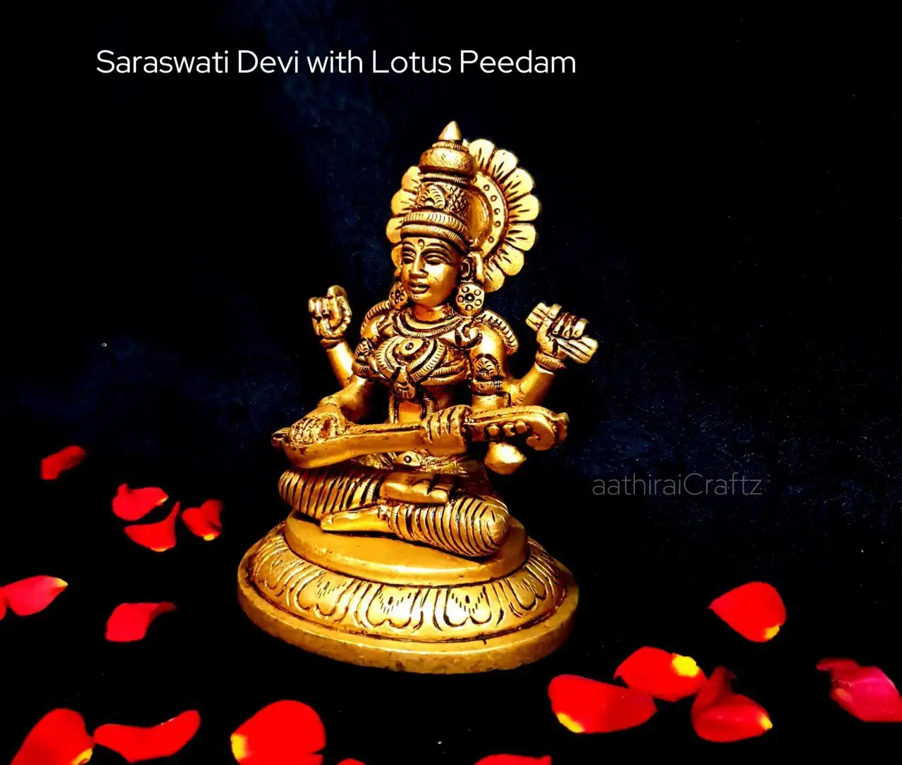 Saraswati Devi/ Saraswathi Devi with Lotus Peedam Brass Antique Finish - secondary