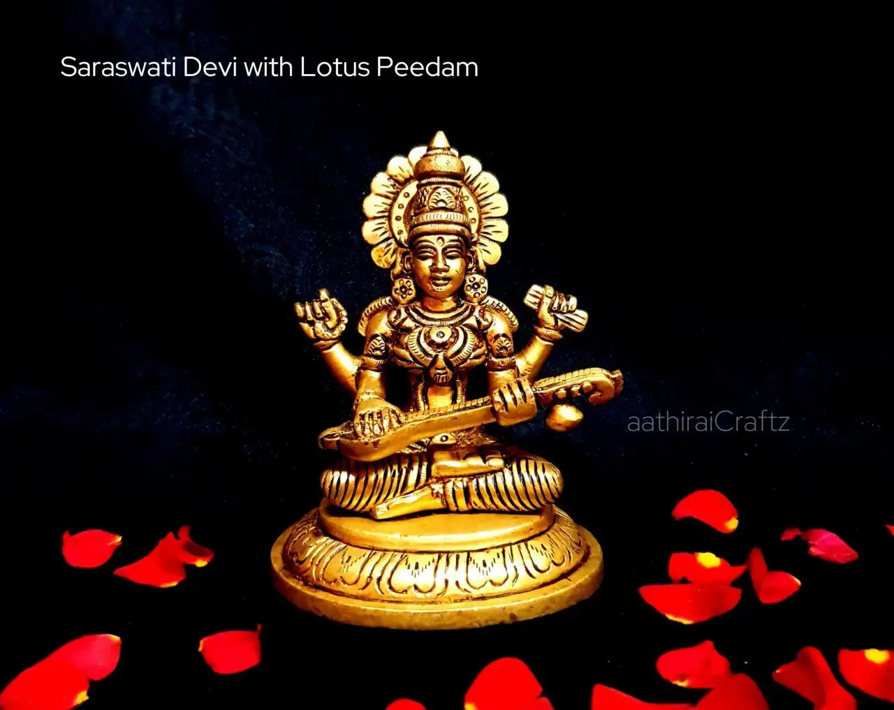Saraswati Devi/ Saraswathi Devi with Lotus Peedam Brass Antique FinishThingal Essentials LLP