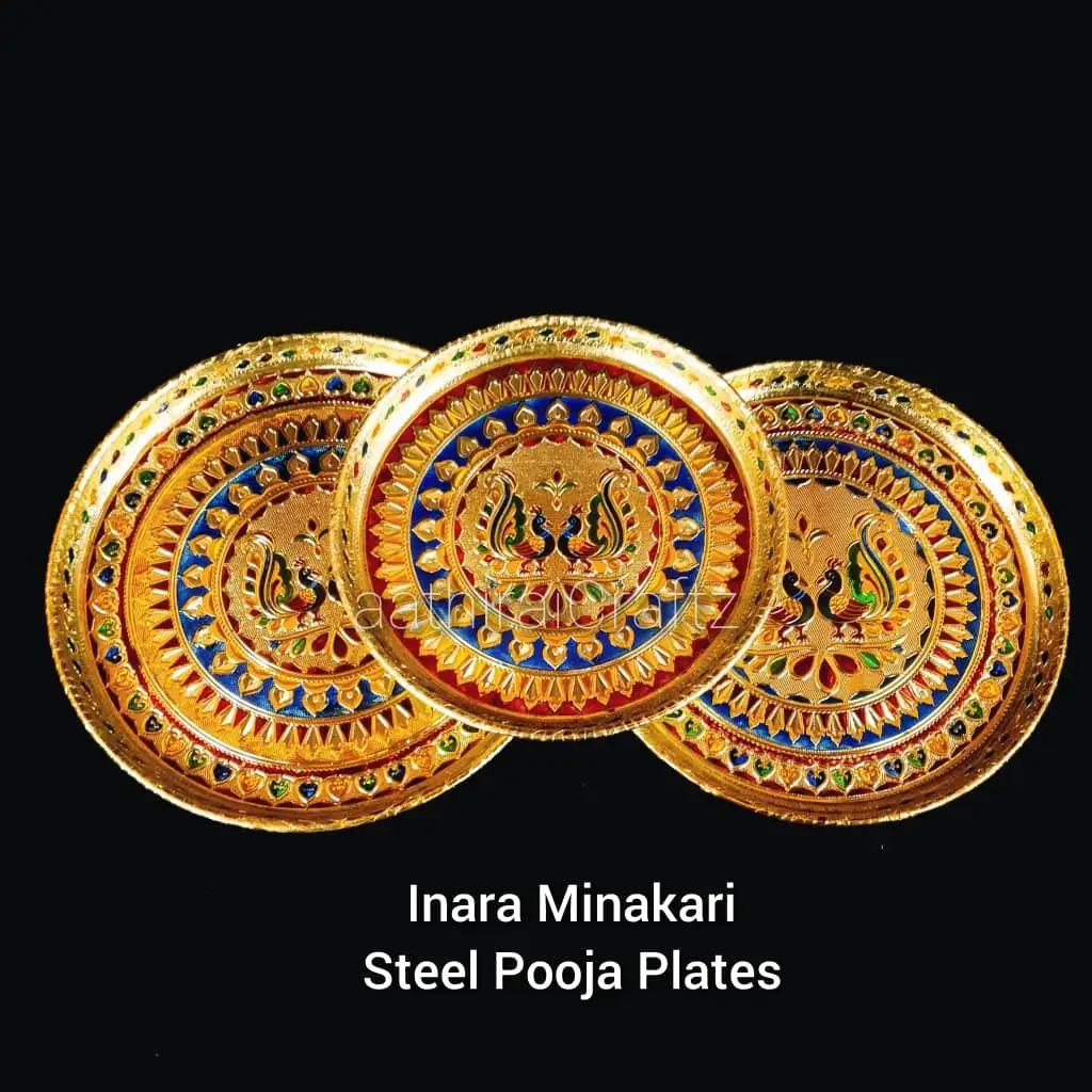Inara Minakari Steel Pooja Plates - LargeThingal Essentials LLP