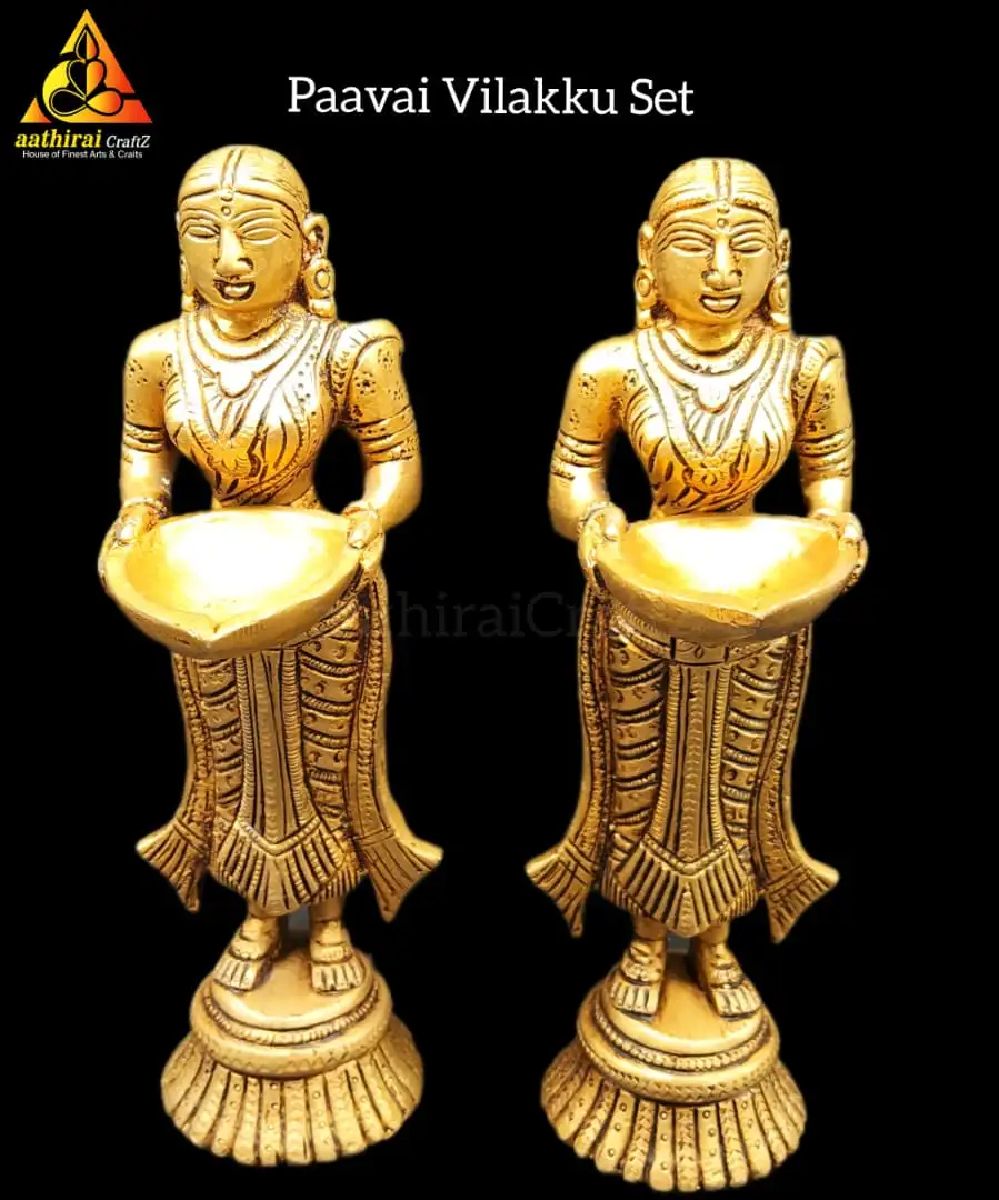 Paavai Vilakku / Lady with Diya Idol set Brass Antique FinishThingal Essentials LLP