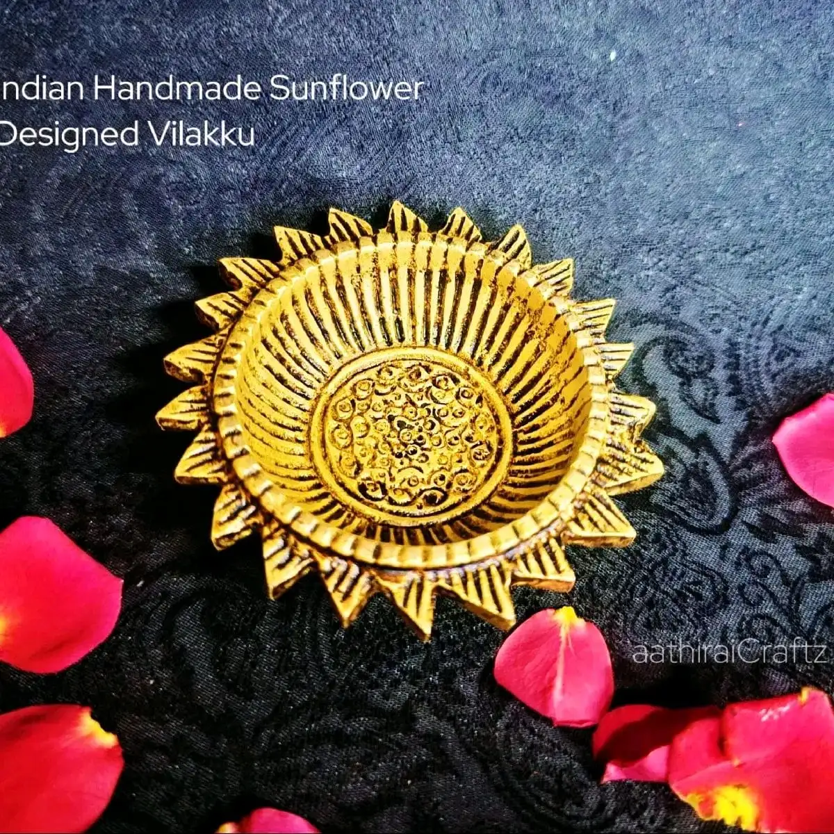 Indian Handmade Sun Flower Designed Vilakku / Lamp Brass Antique Finish - secondary