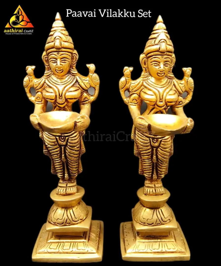 Paavai Vilakku / Lady with Diya Idol set (Crown) Brass Antique FinishThingal Essentials LLP