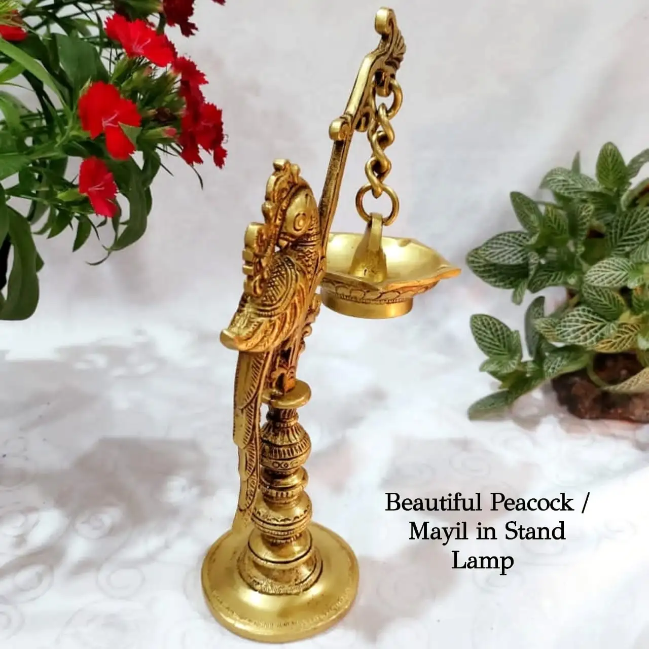 Beautiful Peacock / Mayil Vilakku Brass Antique Finish - secondary