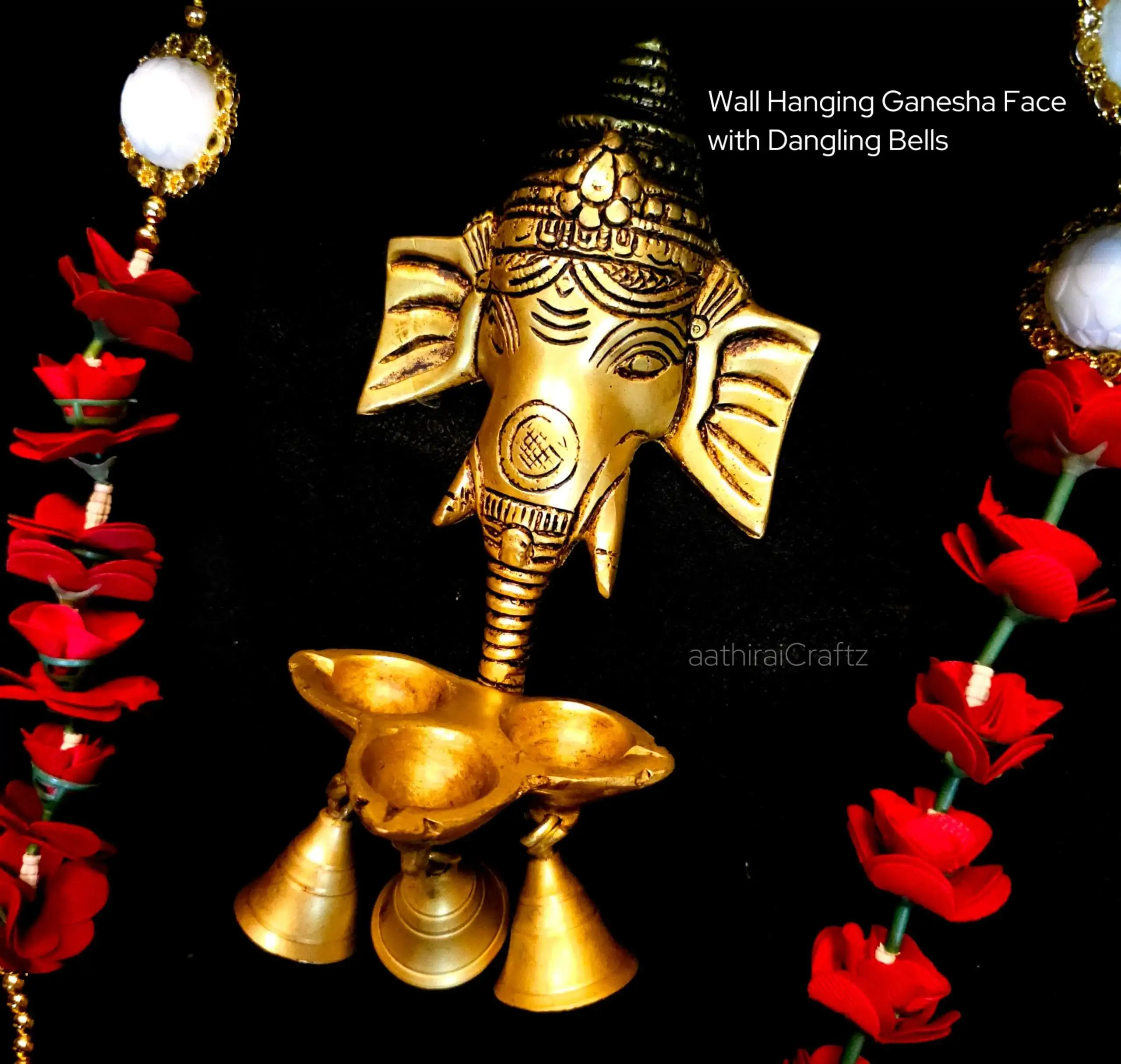 Wall Hanging Ganesha Face with Dangling Bells Brass - secondary