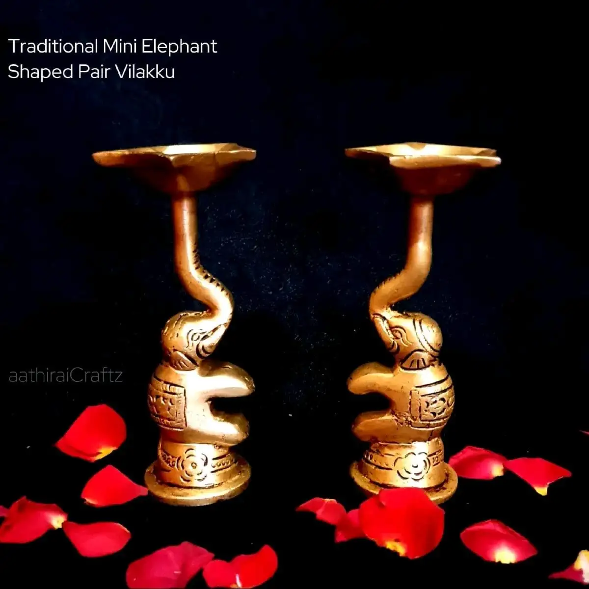 Traditional Mini Elephant Shaped Pair Vilakku / Lamp Brass Antique FinishThingal Essentials LLP