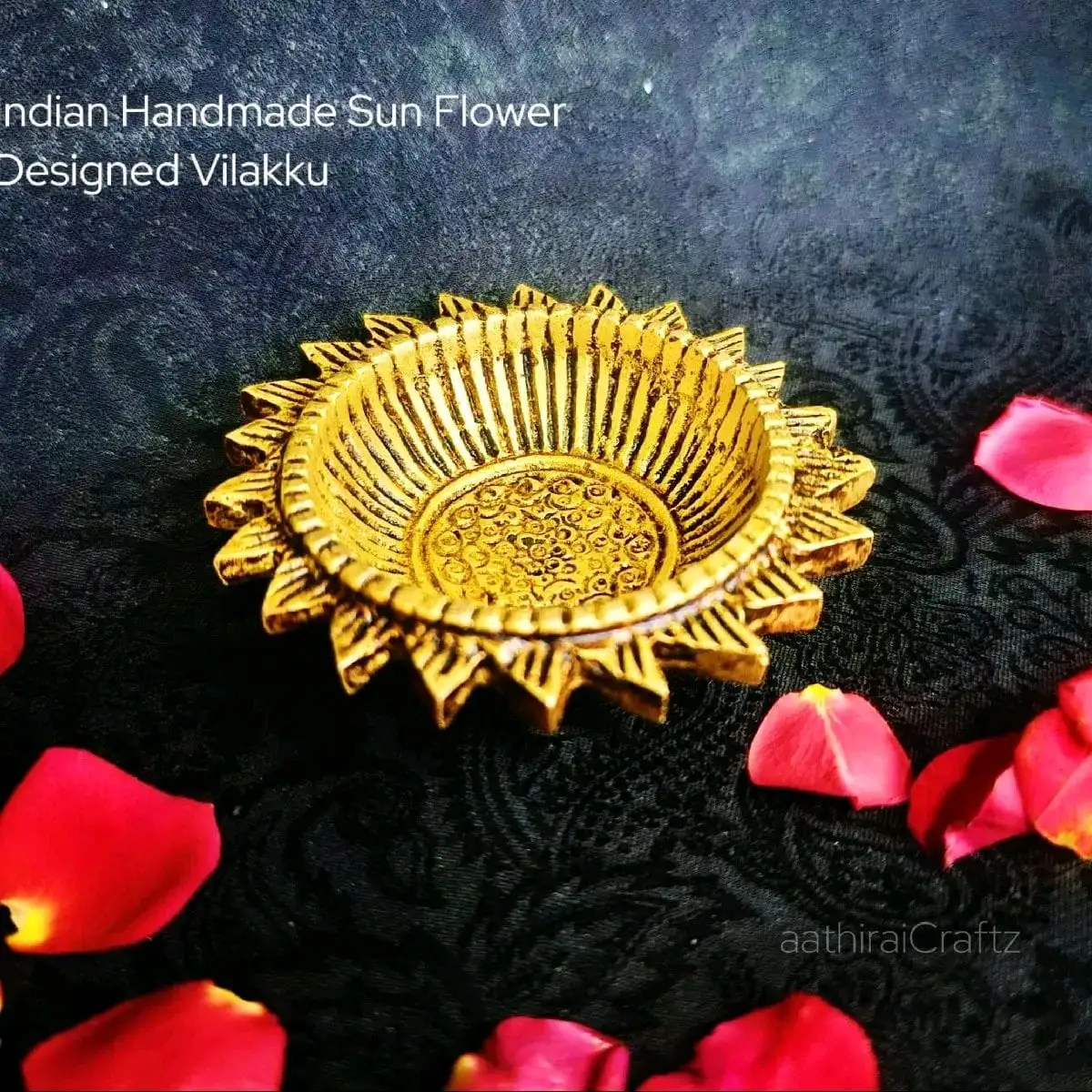 Indian Handmade Sun Flower Designed Vilakku / Lamp Brass Antique FinishThingal Essentials LLP