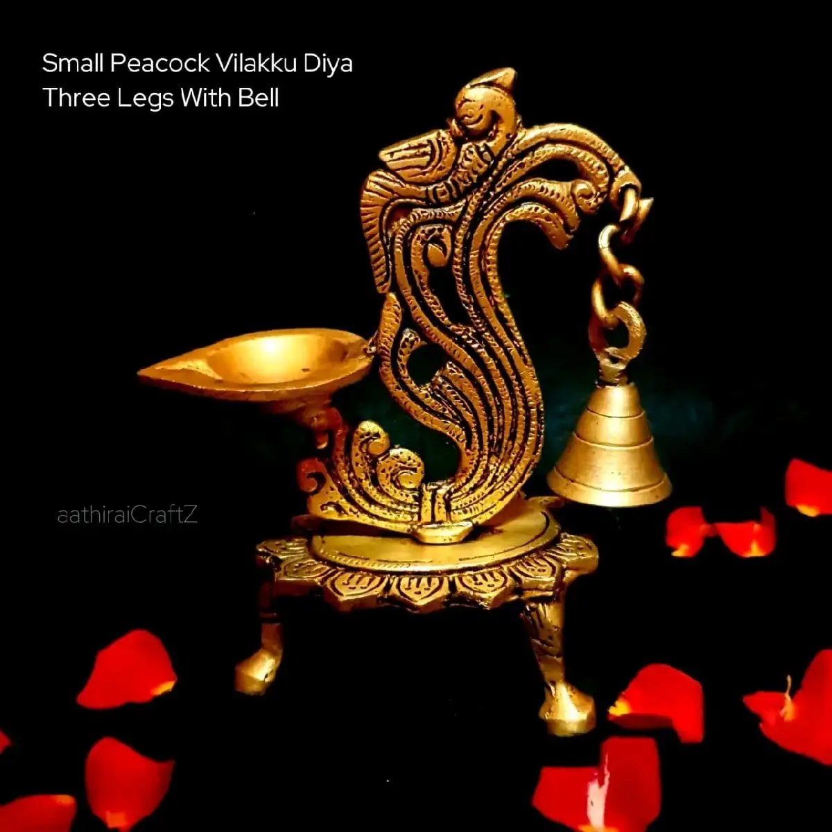 Small Peacock Tail Vilakku Diya Three Legs with Bell Brass Antique Finsih