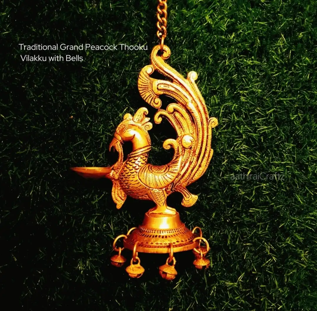 Traditional Grand Hanging Peacock Thooku Vilakku with Bell - secondary