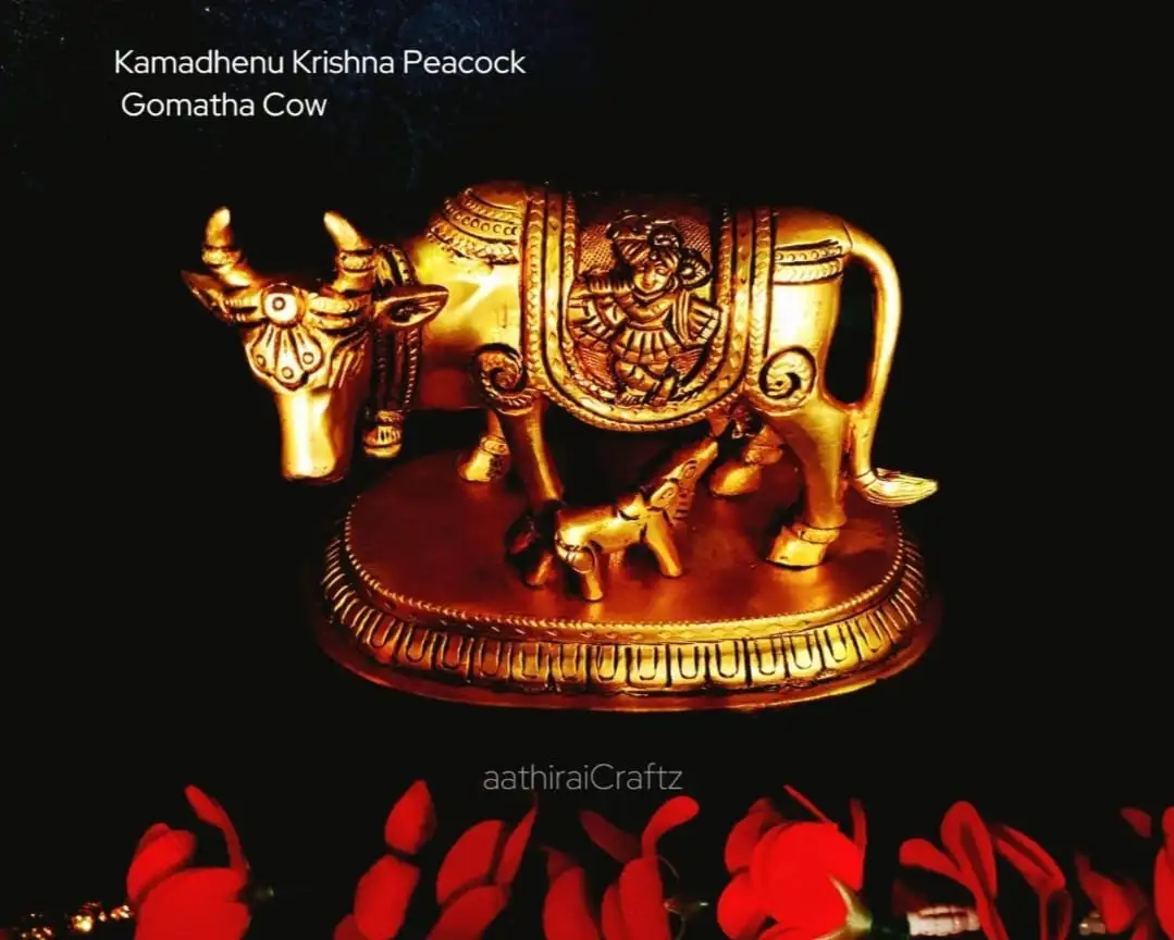 Krishna Peacock Gomatha / Cow and Calf Brass Sculpture - secondary