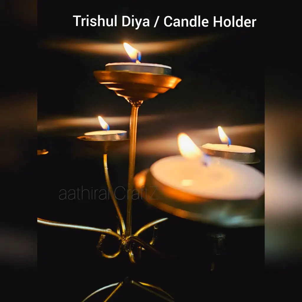 Trishul Candle Holder with 2 Bells Modern Candle Stand for Home Deco - secondary