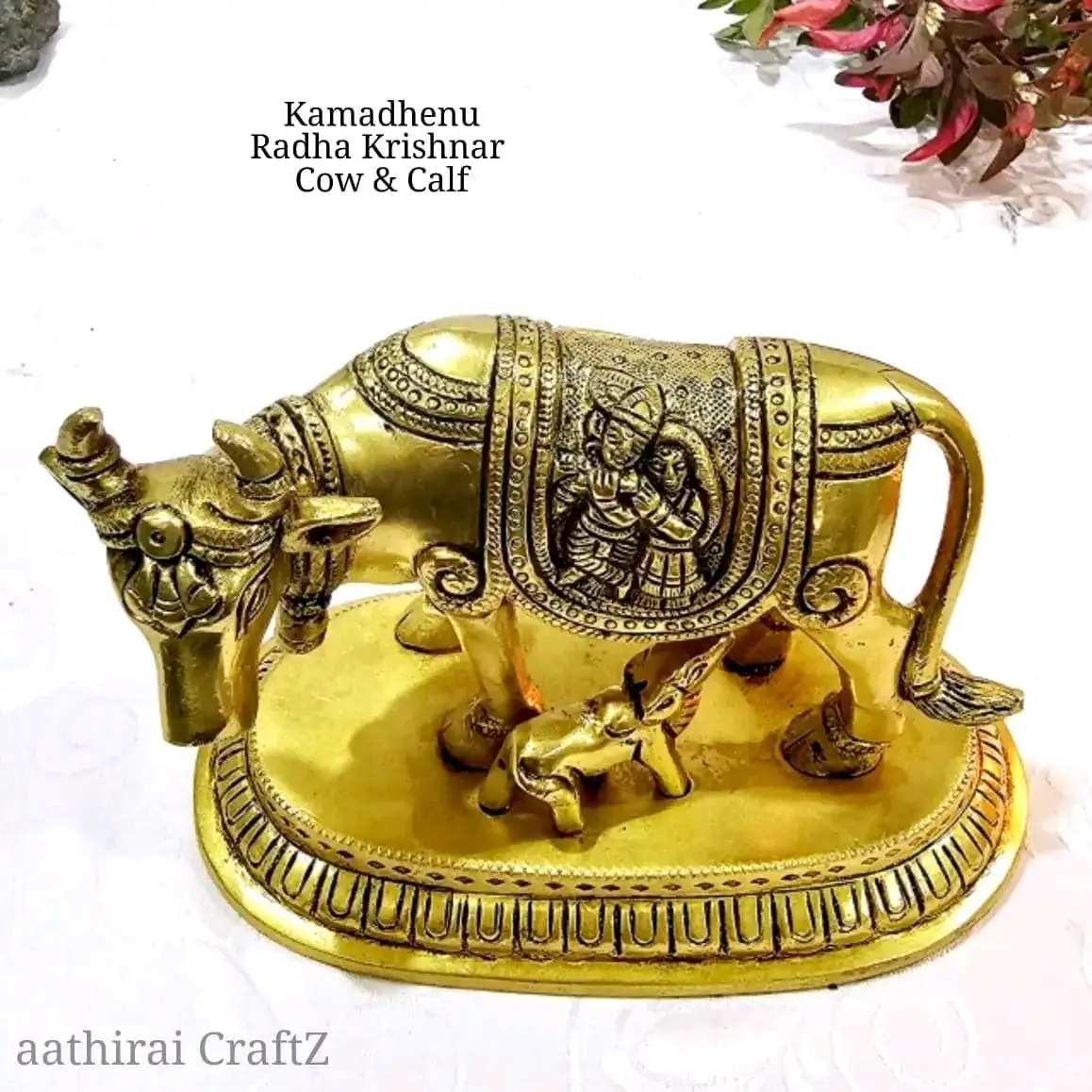 Radha Krishna Gomatha / Cow and Calf Brass Sculpture - Small - secondary