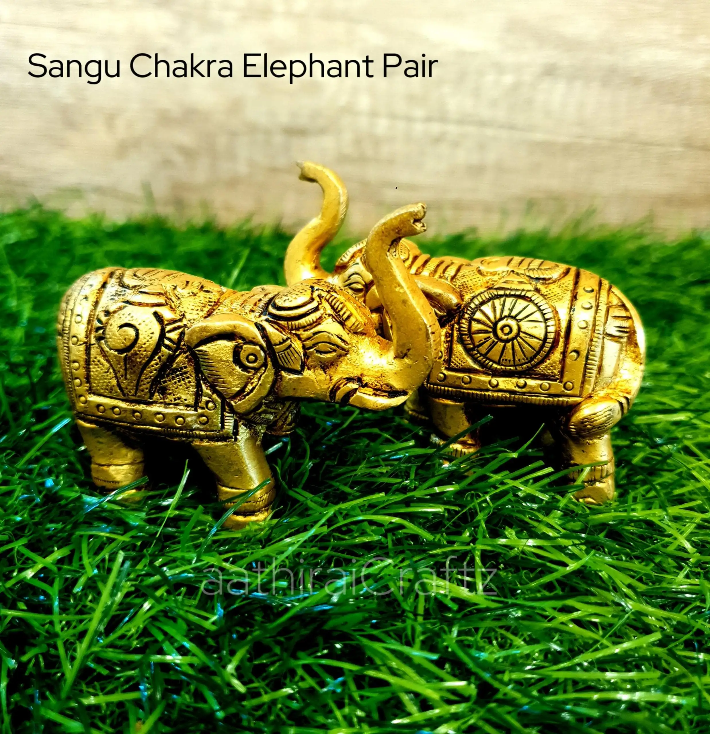 Sangu Chakra Elephant Pair Brass Antique Finish Elephant pair SculptureThingal Essentials LLP