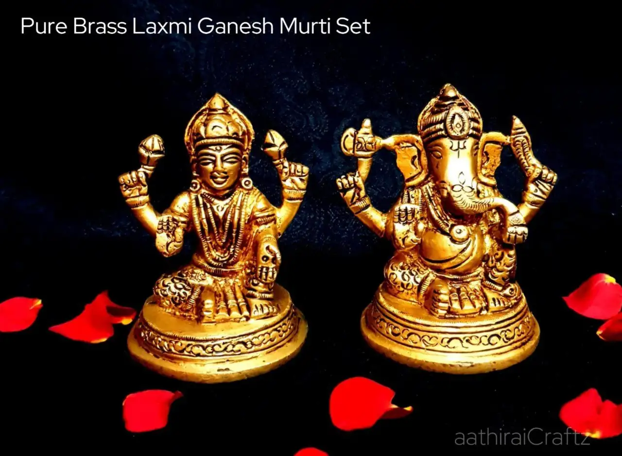 Pure Brass Laxmi Ganesh Murti Set Antique Finish IdolThingal Essentials LLP