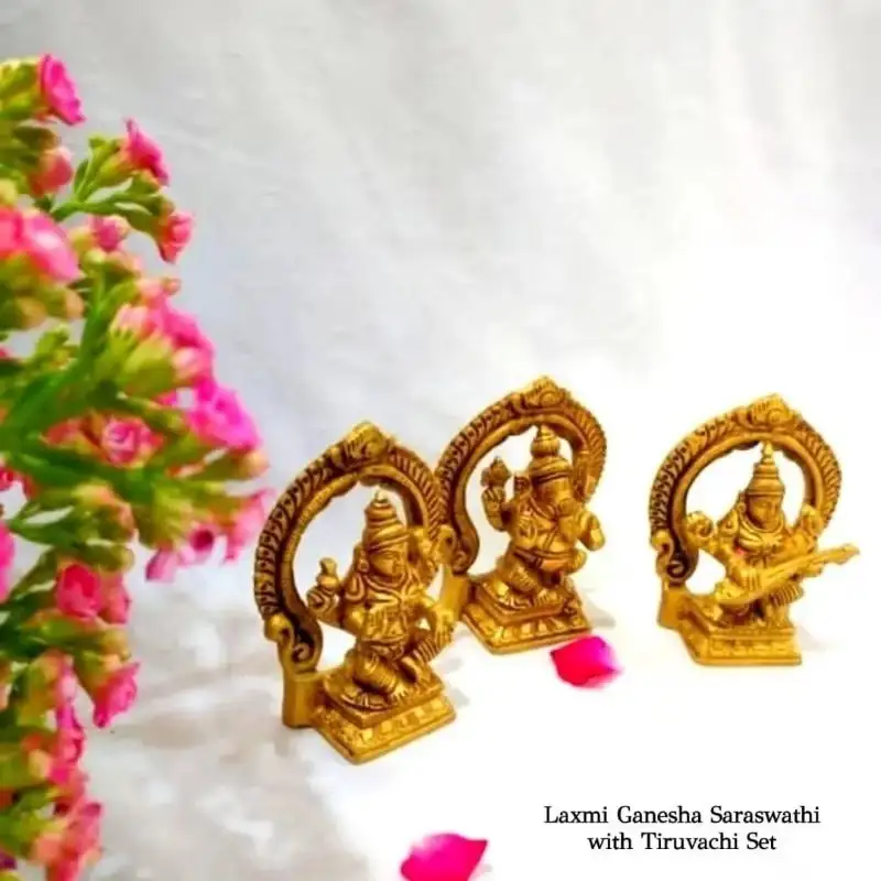 Laxmi Ganesha Saraswati with Thiruvaachi - Set 3 in 1 Brass Antique Finish - secondary