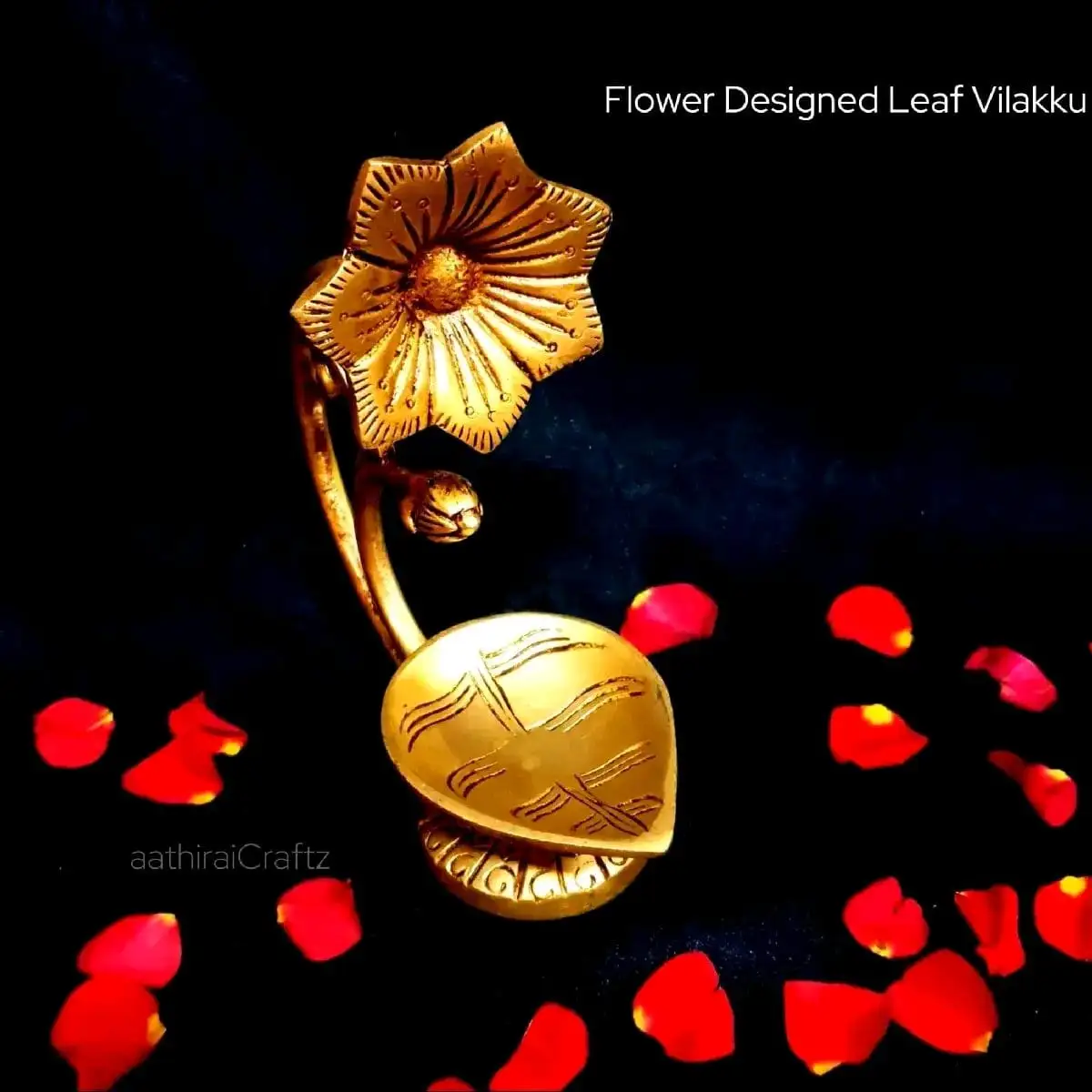 Flower Designed Leaf Vilakku / Lamp Brass Antique Finish