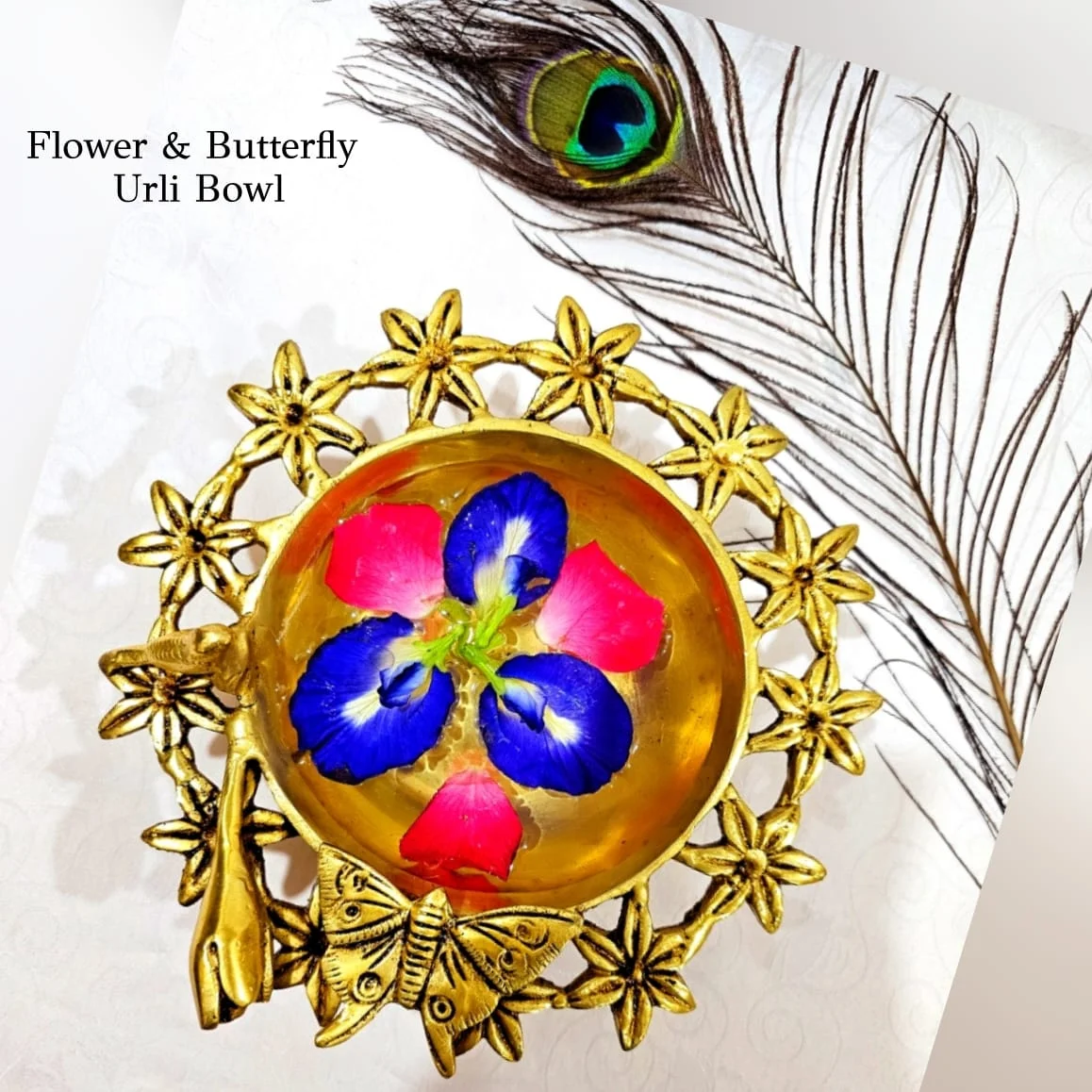 Butterfly with Flowers Brass Urli Brass Antique Finish Brass Sculpture