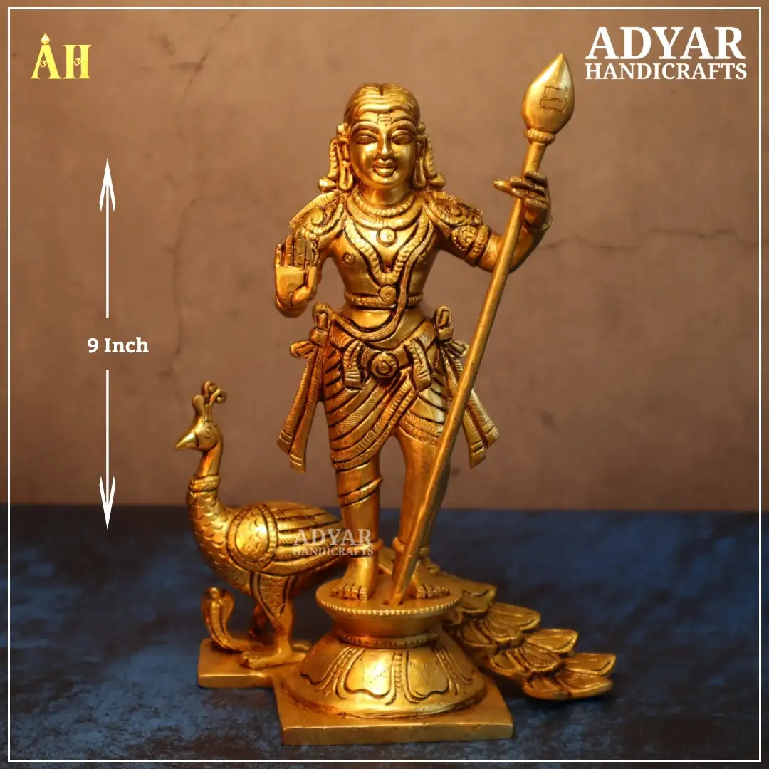 9 Inch Brass Balamurugan With Peacock Statue