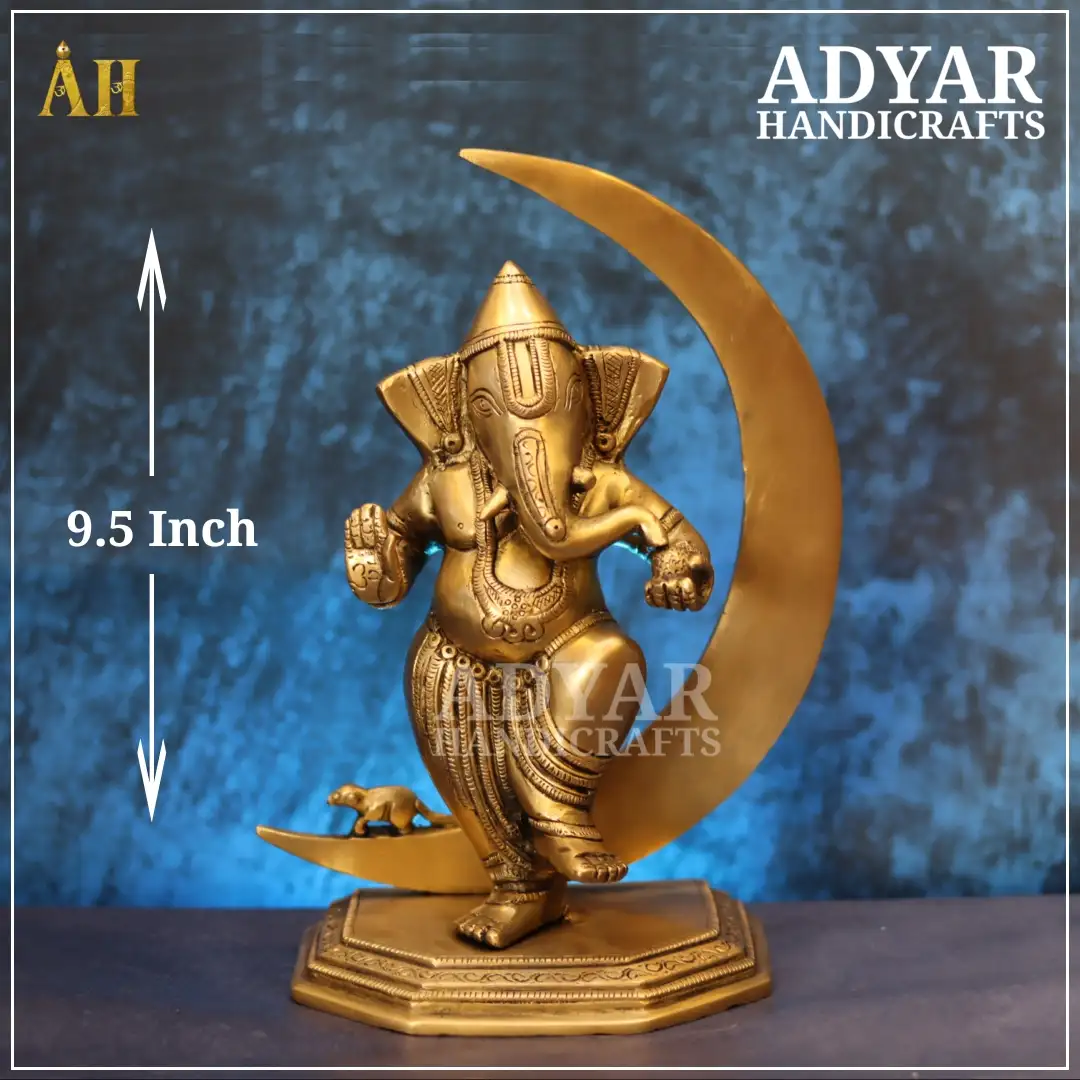 9.5 Inch Chandra Ganesha Brass Idol | Elegant Handcrafted Statue