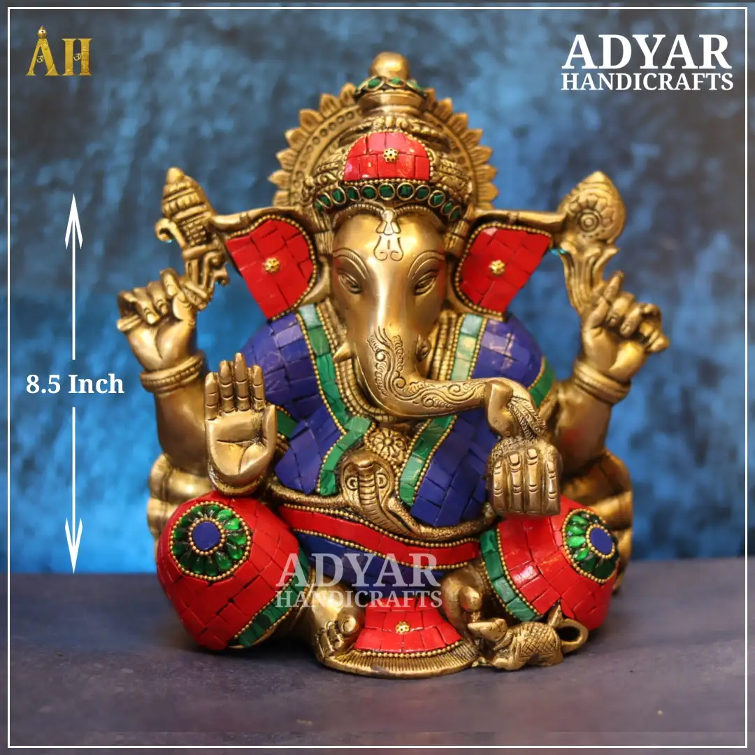 8.5-Inch Sitting Ganesha Idol in Brass with Multi-Color Stone Work