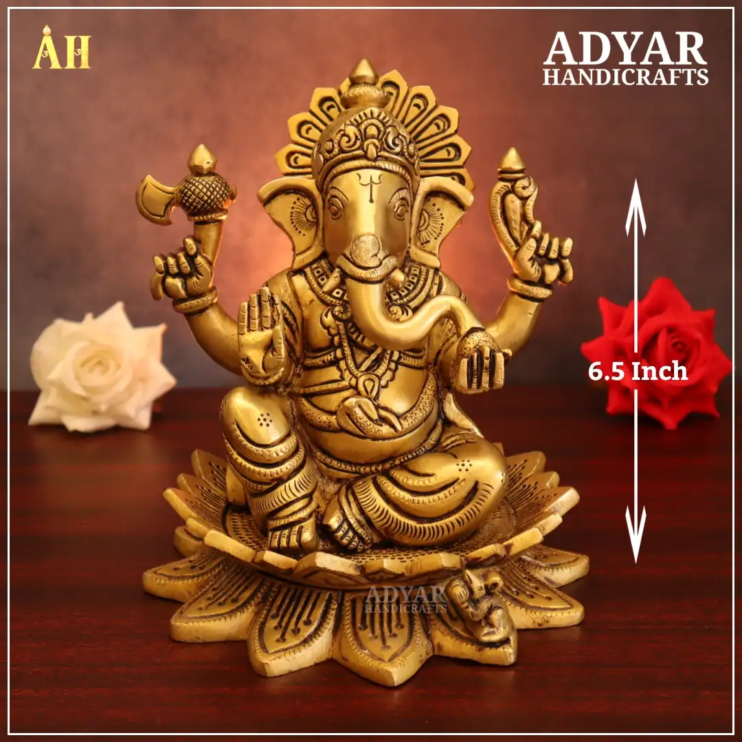6.5 Inch Brass Ganesha Sitting On Lotus Statue