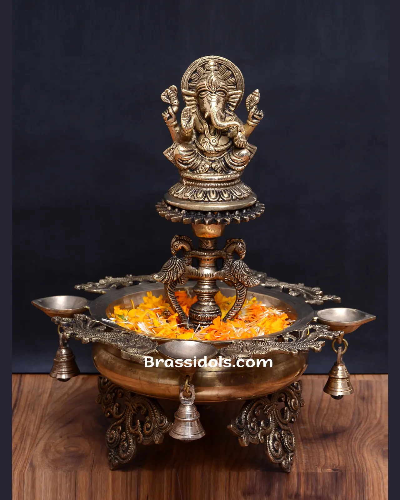 Brass Standing Ganesh Side Deepak Urli - secondary