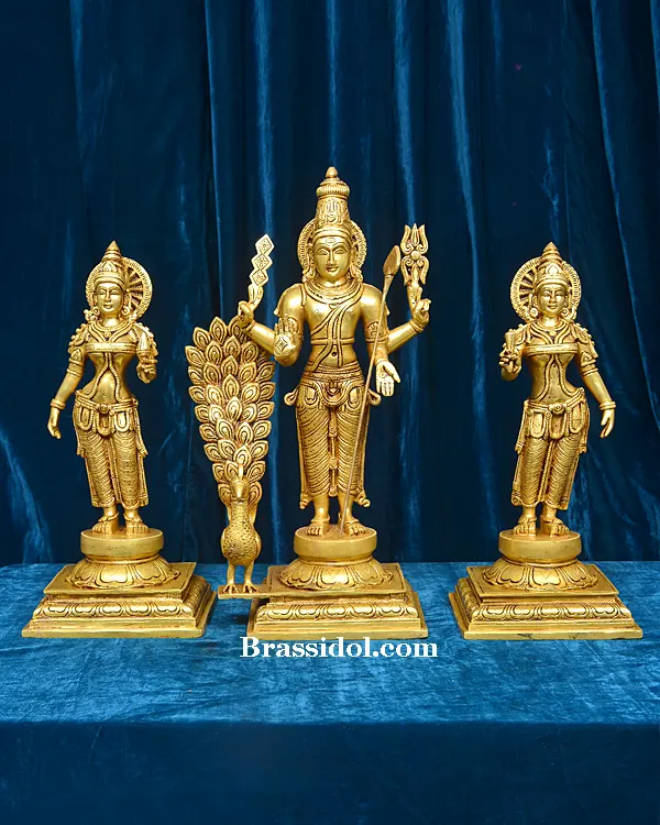 Divine Murugan with Mayil and Vajrayudham Brass Idol - 4 Inches