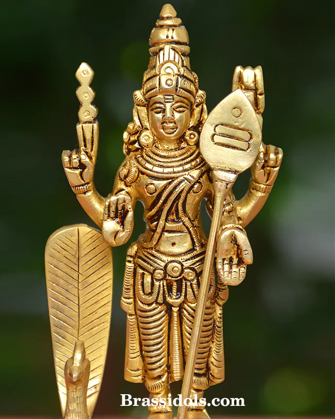Charming Murugan with Mayil and Vajrayudham Brass Idol - 6 Inches - secondary