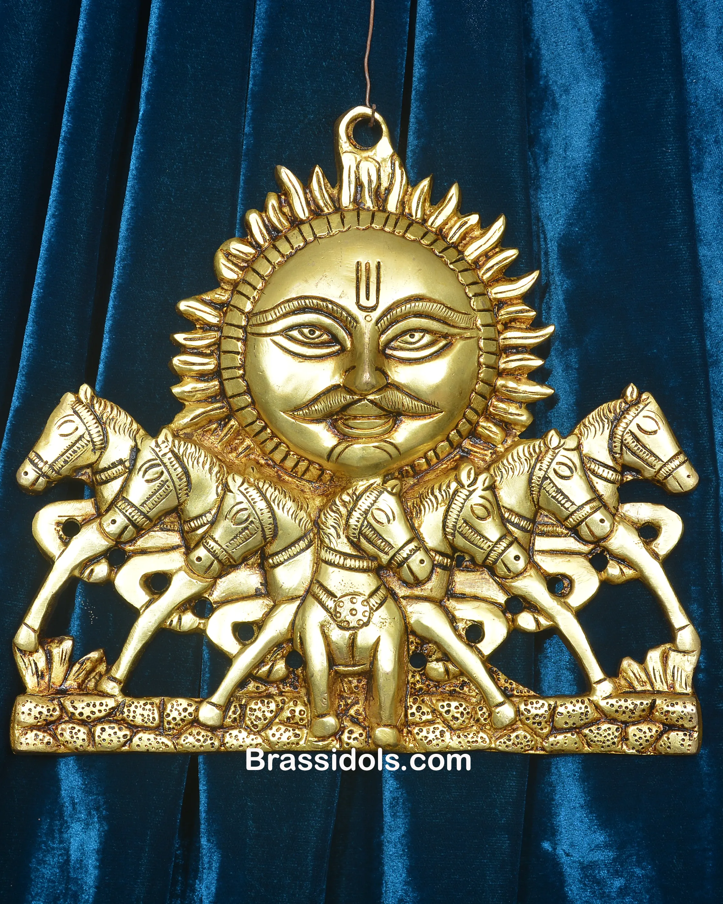 Brass Hanging Sun Plate With 7 Horse 7.5 InchesBrass Idols