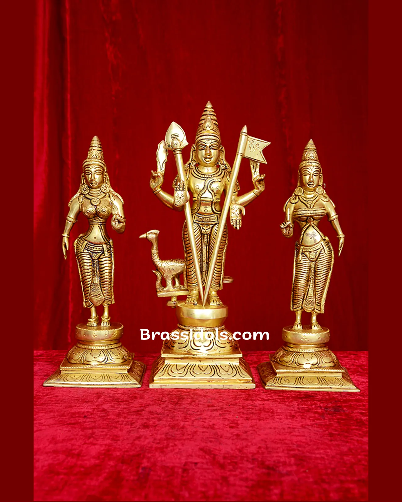 Divine Valli Devanai Murugan With Mayil and VelKodi Brass Idol - 12 Inches