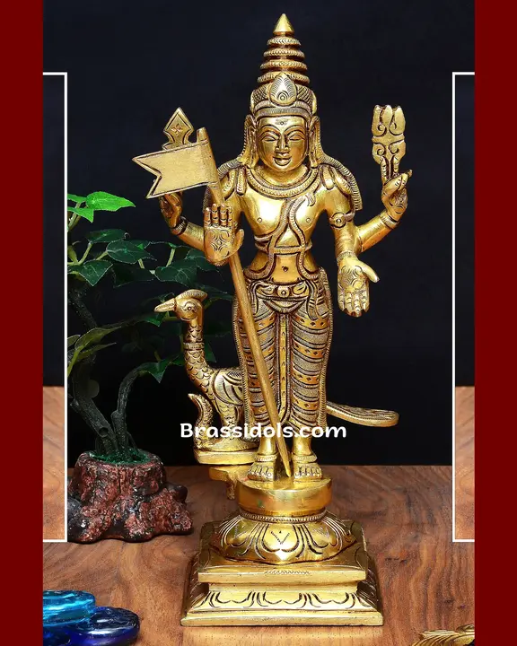 Blessed BalaMurugan With Mayil and Vajrayudham Brass Idols - 10.5 Inches