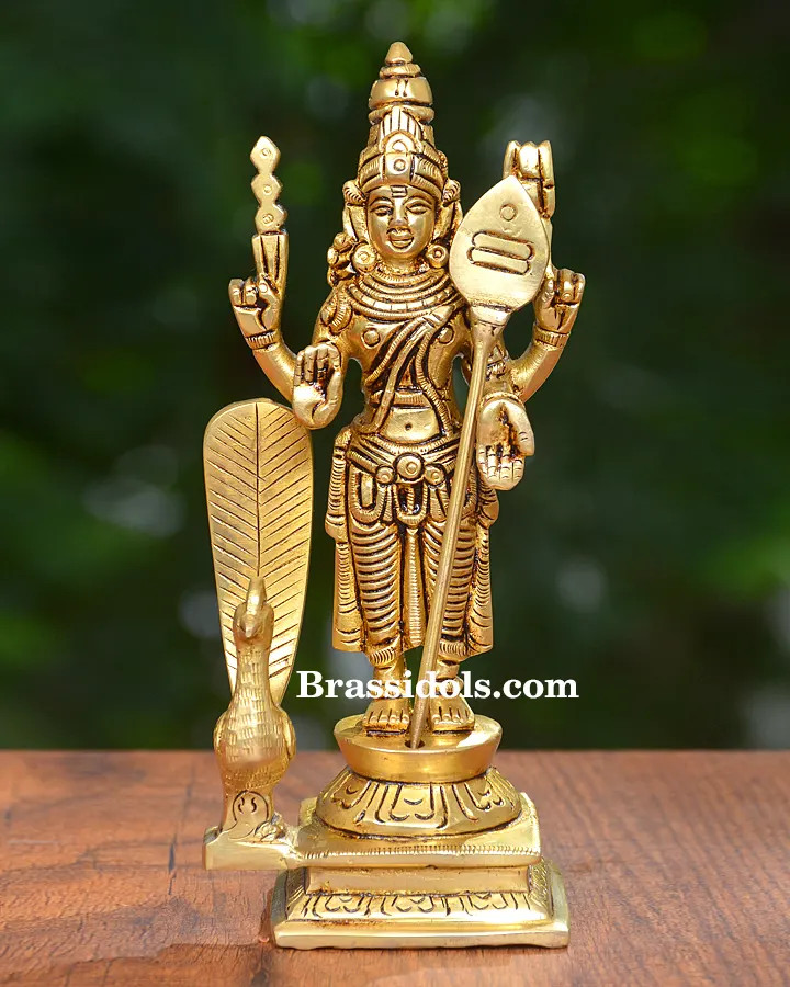 Charming Murugan with Mayil and Vajrayudham Brass Idol - 6 Inches