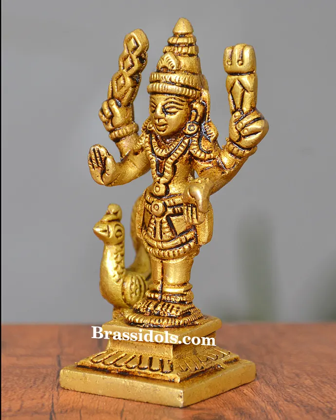 Majestic Murugan with Mayil and Vajrayudham Brass Idol - 3 Inches - secondary