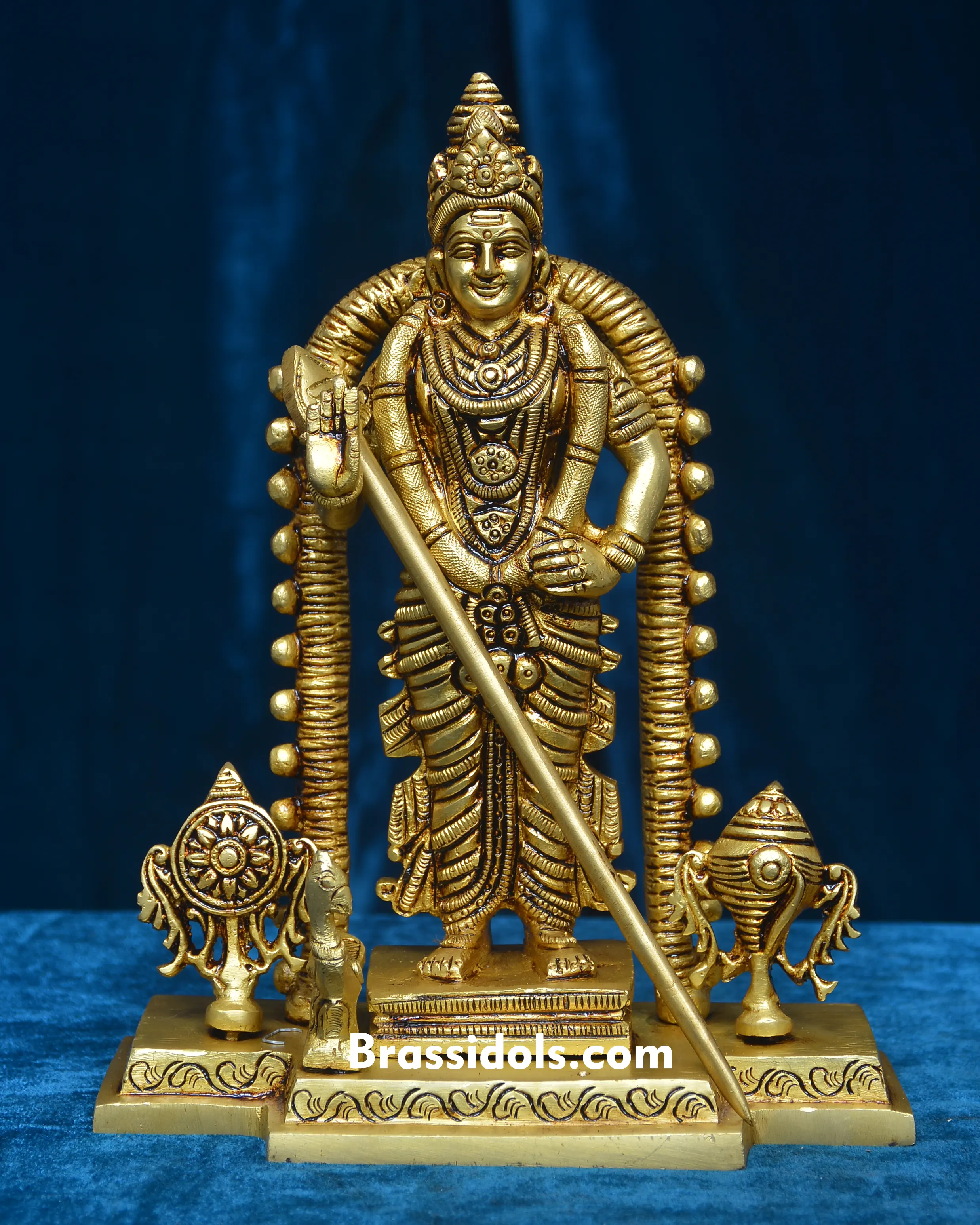 Charming Murugan with Mayil and Sangu Chakkaram Brass Idol - 8 Inches