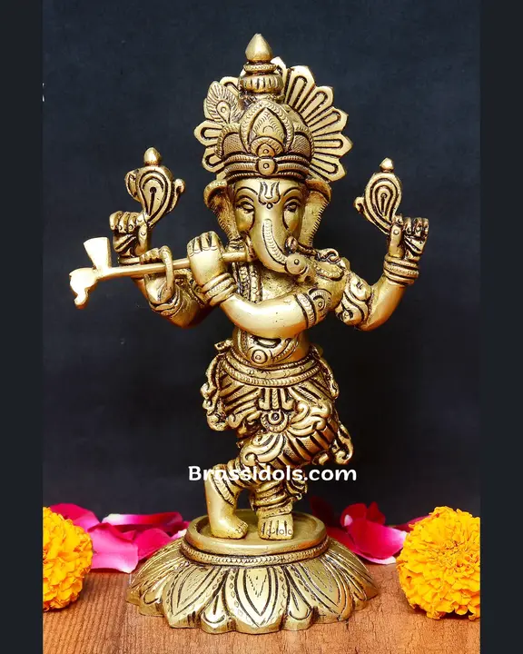 Brass Standing Ganesha Playing Flute Statue 7 inches