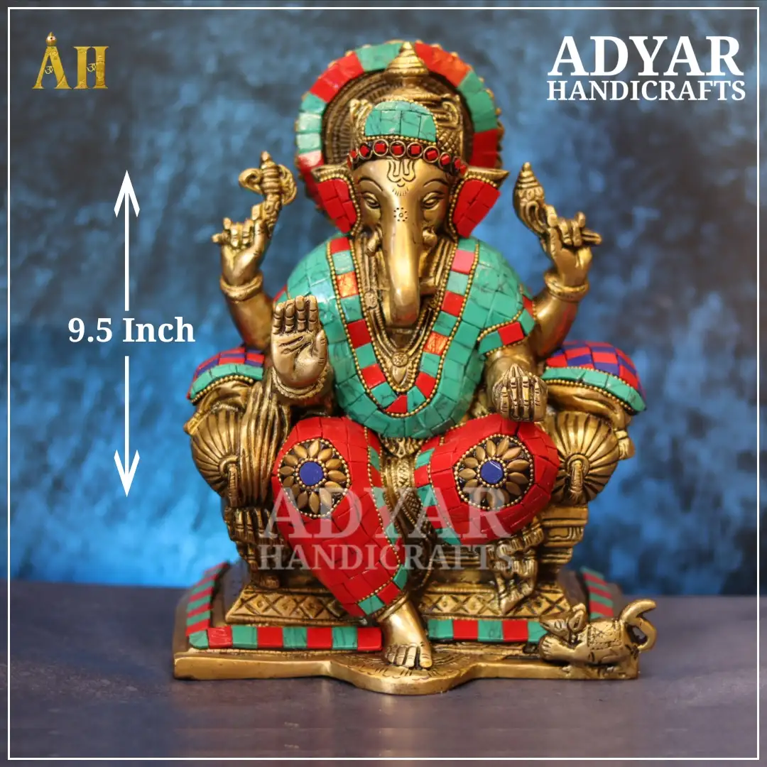 Ganesha Sitting on Sofa Brass Statue with Multicolor Stonework