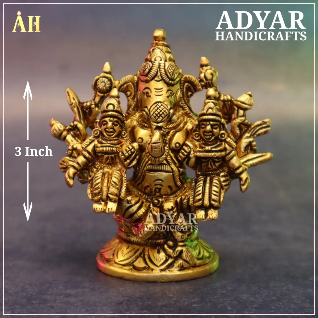3 Inch Brass Ganesha With Siddhi Buddhi Idol