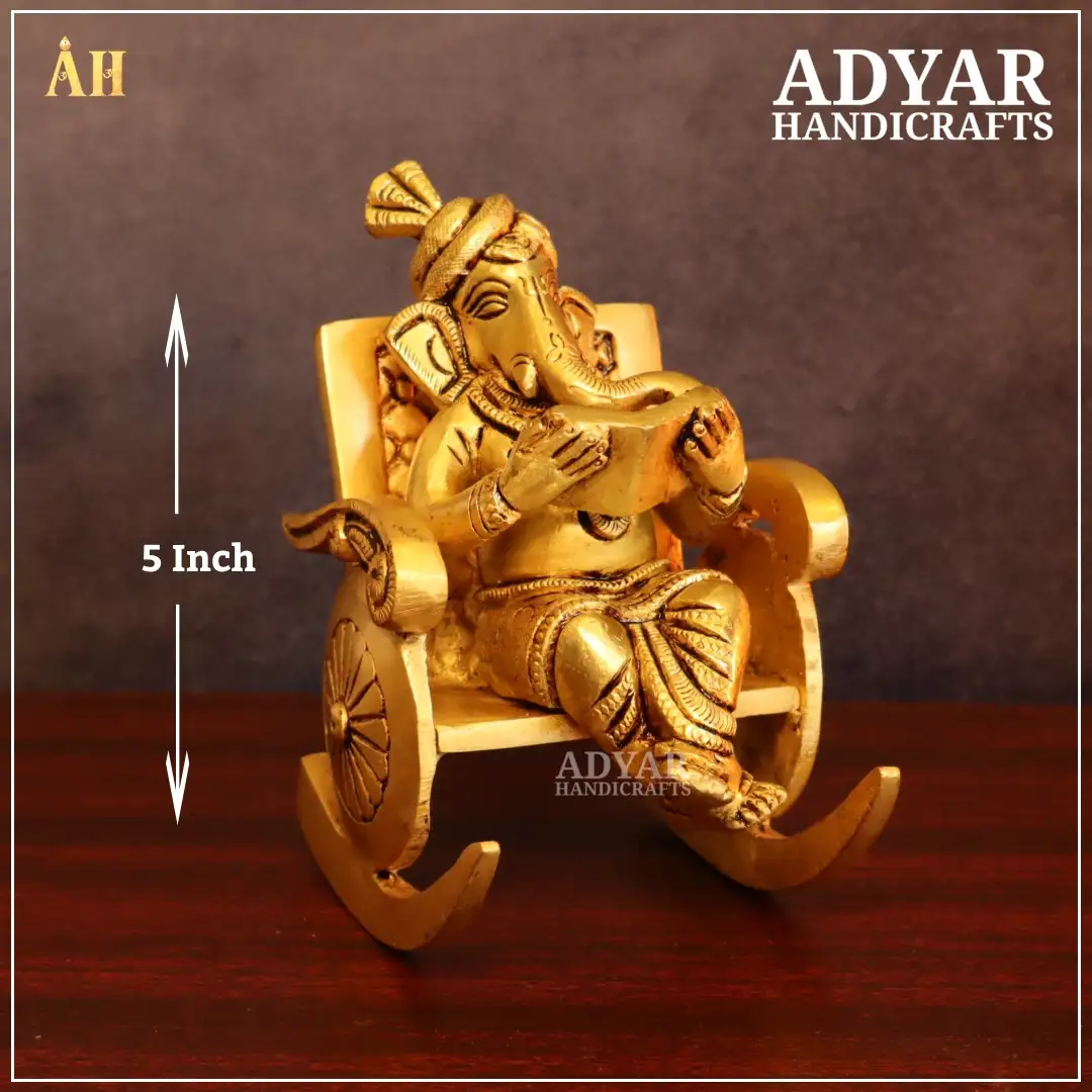 5 Inch Brass 3D Moving Reading Ganesha on Chair Statue